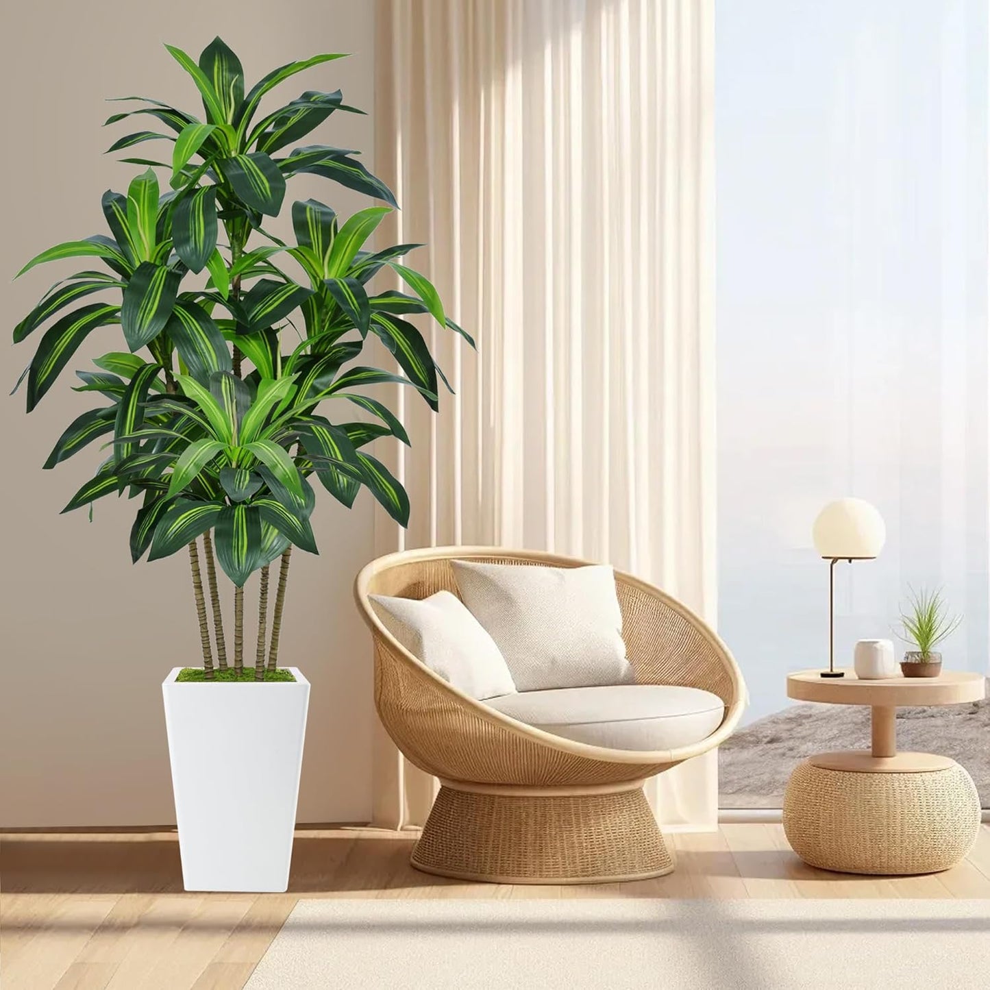 7FT Artificial Dracaena Tree, Fake Tree Indoor with White Tall Planter, Tall Artificial Plants Indoor, Artificial Silk Tree for Home Office Decor Plants Indoor Outdoor (White)