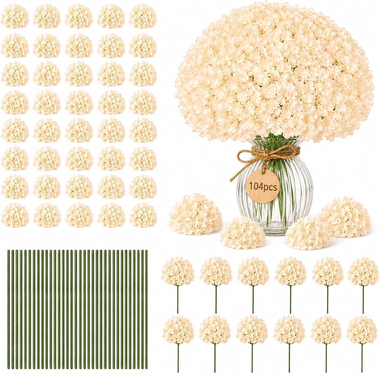 Bulk Artificial Hydrangeas, 104PCS Blue Faux Flower Set | Realistic Full and Fluffy Silk Bouquets with Stems and Zip Ties for Weddings, Parties and Home Centerpieces