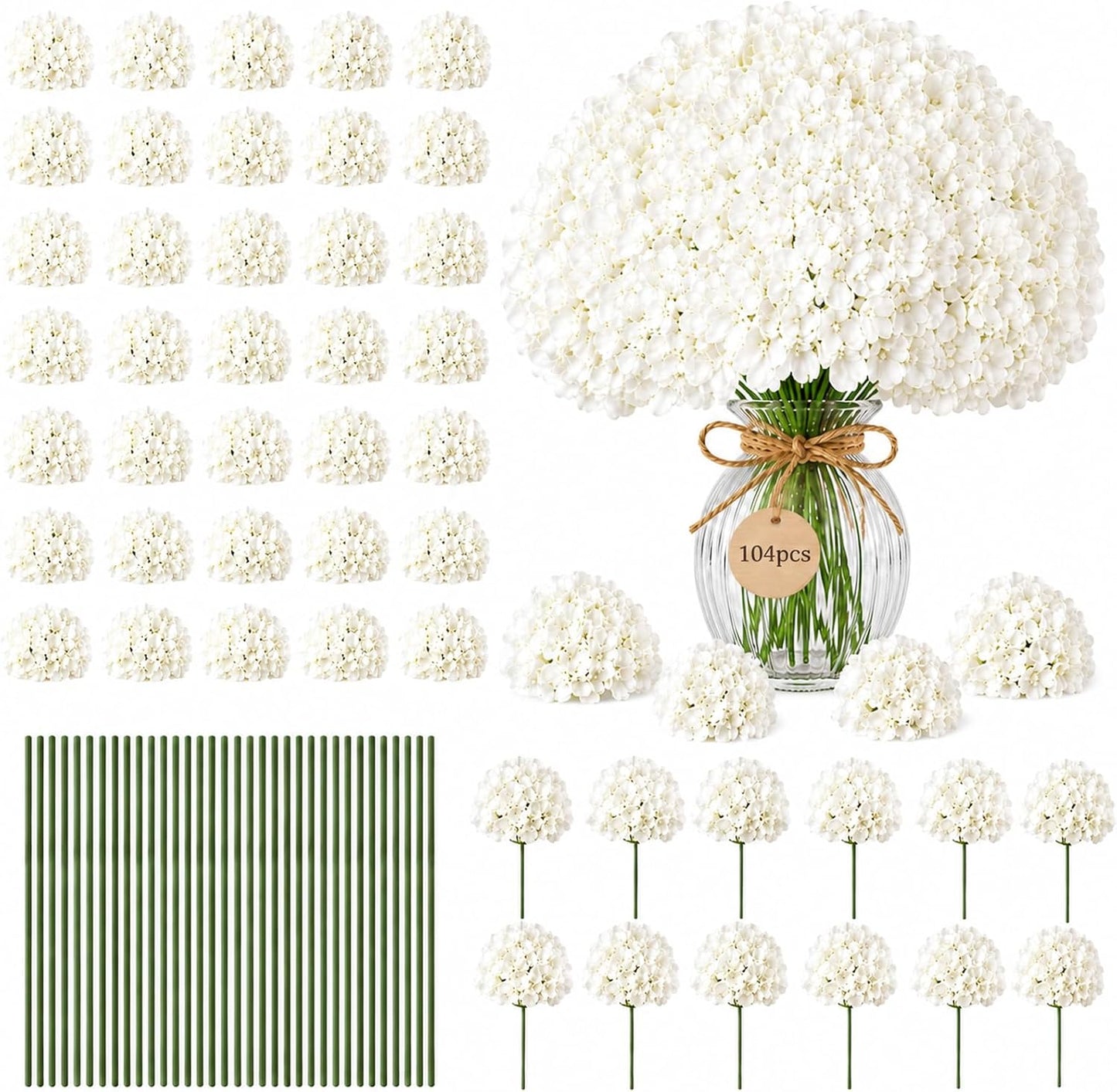 Bulk Artificial Hydrangeas, 104PCS Blue Faux Flower Set | Realistic Full and Fluffy Silk Bouquets with Stems and Zip Ties for Weddings, Parties and Home Centerpieces