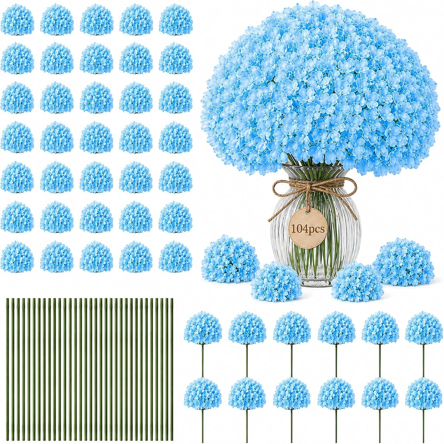 Bulk Artificial Hydrangeas, 104PCS Blue Faux Flower Set | Realistic Full and Fluffy Silk Bouquets with Stems and Zip Ties for Weddings, Parties and Home Centerpieces