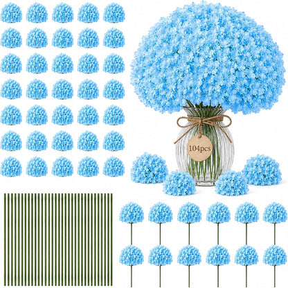 Bulk Artificial Hydrangeas, 104PCS Blue Faux Flower Set | Realistic Full and Fluffy Silk Bouquets with Stems and Zip Ties for Weddings, Parties and Home Centerpieces