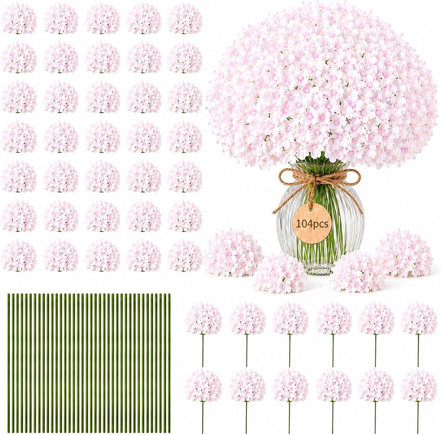 Bulk Artificial Hydrangeas, 104PCS Blue Faux Flower Set | Realistic Full and Fluffy Silk Bouquets with Stems and Zip Ties for Weddings, Parties and Home Centerpieces