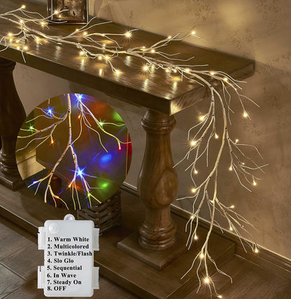 Lighted Fall Garland with Timer 6FT 24 Warm White LED, Maple Leaf Vine with Lights Battery Operated for Mantle Fireplace Autumn Thanksgiving Harvest Decoration Indoor Outdoor