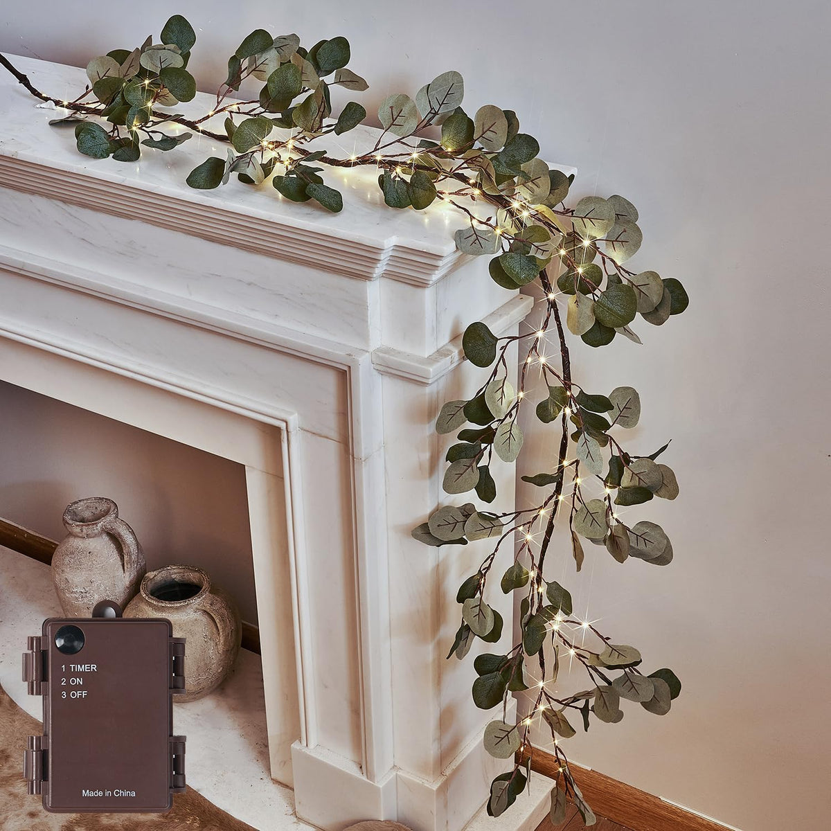 Lighted Fall Garland with Timer 6FT 24 Warm White LED, Maple Leaf Vine with Lights Battery Operated for Mantle Fireplace Autumn Thanksgiving Harvest Decoration Indoor Outdoor