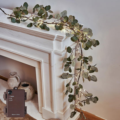 Lighted Fall Garland with Timer 6FT 24 Warm White LED, Maple Leaf Vine with Lights Battery Operated for Mantle Fireplace Autumn Thanksgiving Harvest Decoration Indoor Outdoor