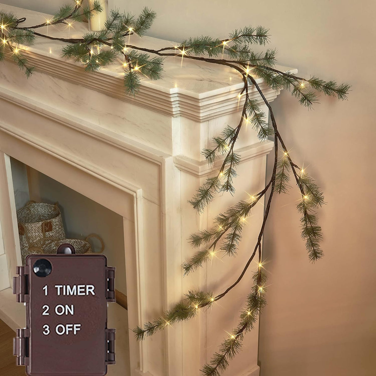 Lighted Fall Garland with Timer 6FT 24 Warm White LED, Maple Leaf Vine with Lights Battery Operated for Mantle Fireplace Autumn Thanksgiving Harvest Decoration Indoor Outdoor
