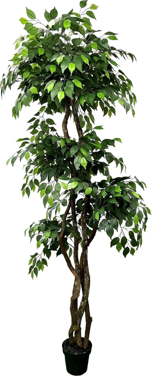 Handmade 6.5ft 3-Tier Ficus Artificial Tree with Ethically Sourced Real Wood Trunks, Hypoallergenic, 6.5-Foot, Green