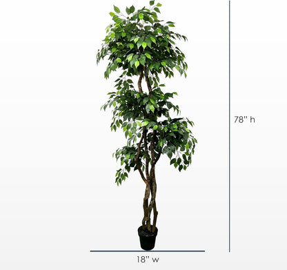Handmade 6.5ft 3-Tier Ficus Artificial Tree with Ethically Sourced Real Wood Trunks, Hypoallergenic, 6.5-Foot, Green