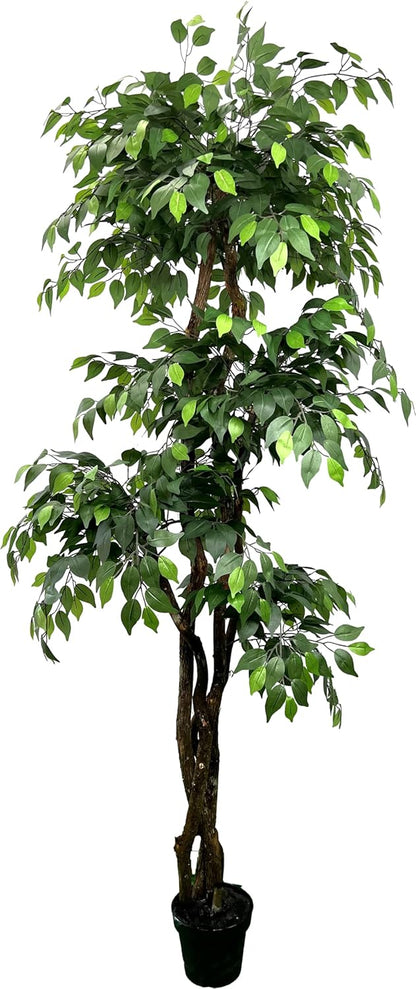 Handmade 6.5ft 3-Tier Ficus Artificial Tree with Ethically Sourced Real Wood Trunks, Hypoallergenic, 6.5-Foot, Green
