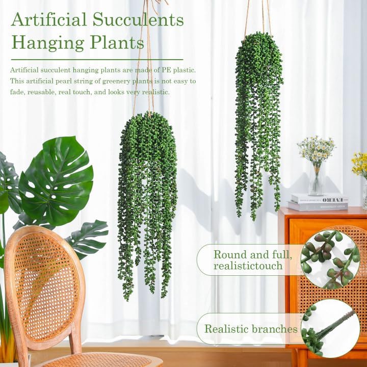 6 Pcs Artificial Succulents Hanging Plants, Fake String of Pearls Greenery Plants, Decoration for Wall, Home, Backdrop, Garden, Indoor and Outdoor