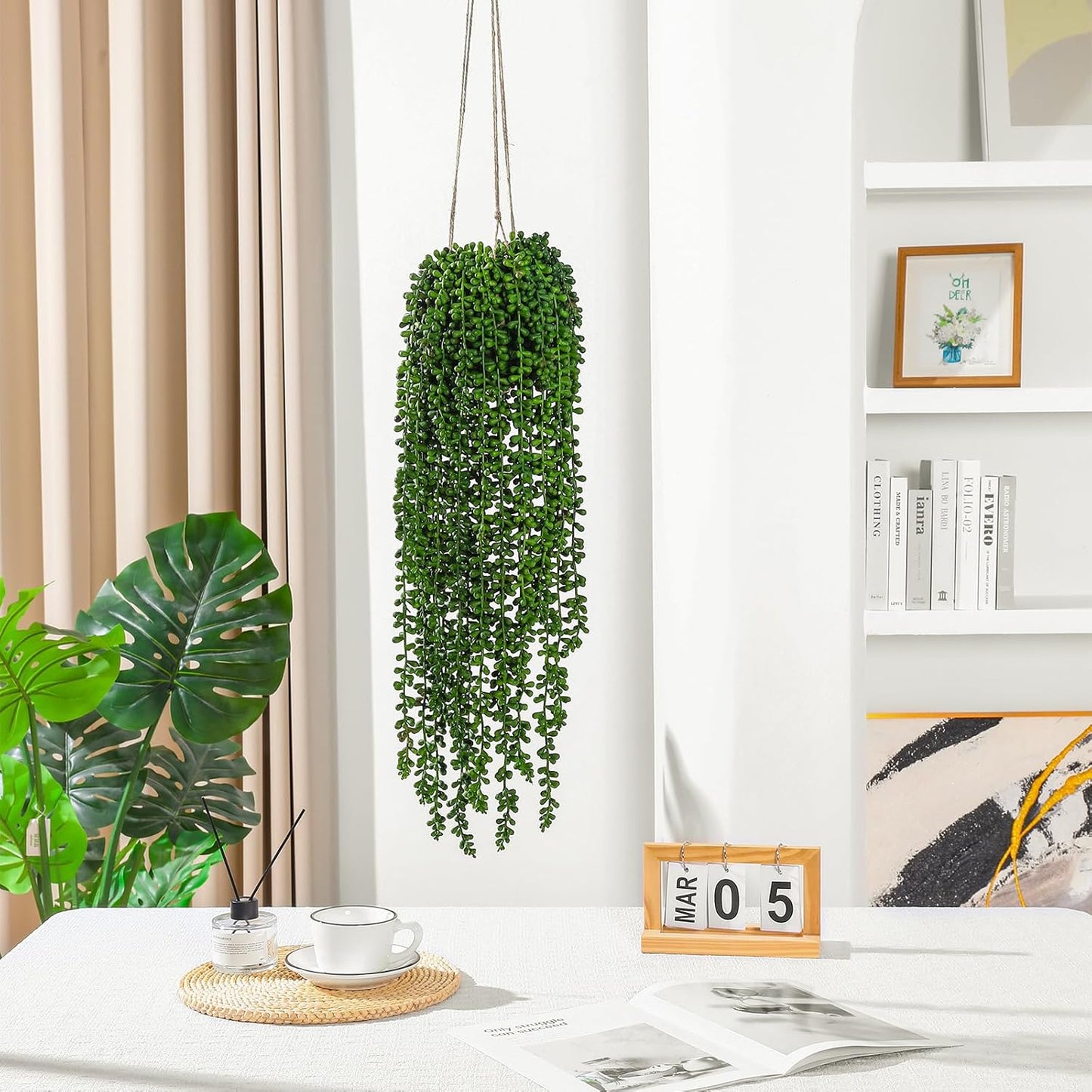 6 Pcs Artificial Succulents Hanging Plants, Fake String of Pearls Greenery Plants, Decoration for Wall, Home, Backdrop, Garden, Indoor and Outdoor