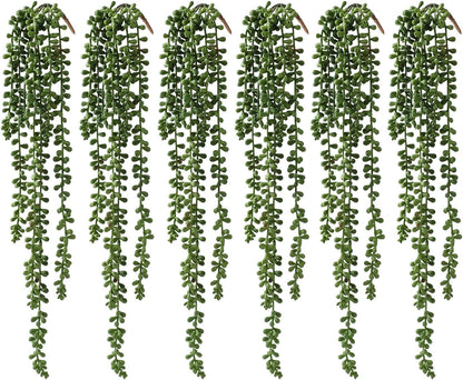 6 Pcs Artificial Succulents Hanging Plants, Fake String of Pearls Greenery Plants, Decoration for Wall, Home, Backdrop, Garden, Indoor and Outdoor