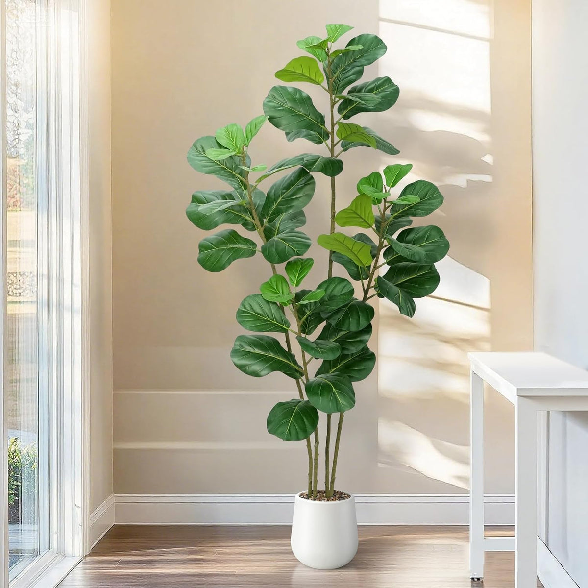 Faux Fiddle Leaf Fig Tree 5ft with White Planter 4 Trunk Fake Plants in Pot