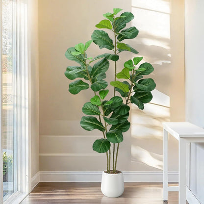 Faux Fiddle Leaf Fig Tree 5ft with White Planter 4 Trunk Fake Plants in Pot