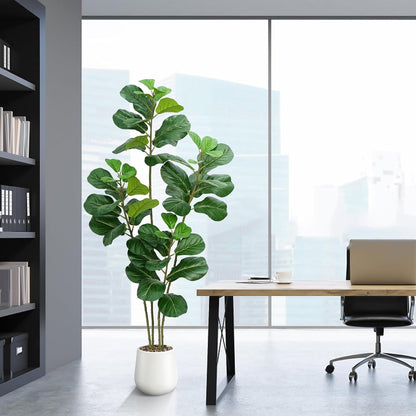 Faux Fiddle Leaf Fig Tree 5ft with White Planter 4 Trunk Fake Plants in Pot