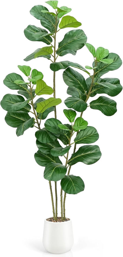 Faux Fiddle Leaf Fig Tree 5ft with White Planter 4 Trunk Fake Plants in Pot