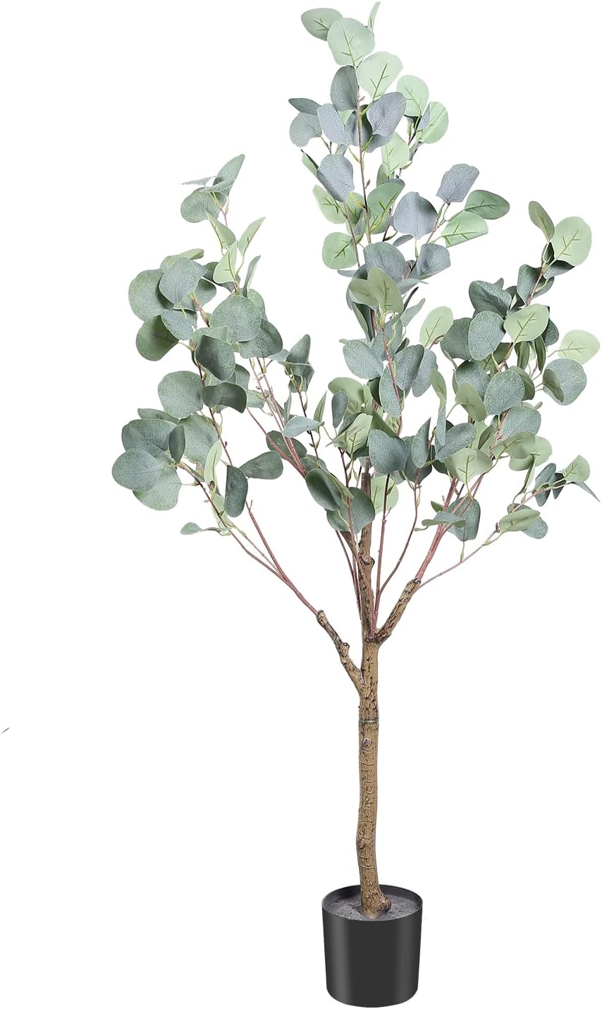 4FT Tall Faux Eucalyptus Tree, Artificial Plants with Realistic Trunk and Lifelike Leaves for Home Office Decor 4FT Fake Eucalyptus Tree for Home House Office Décor