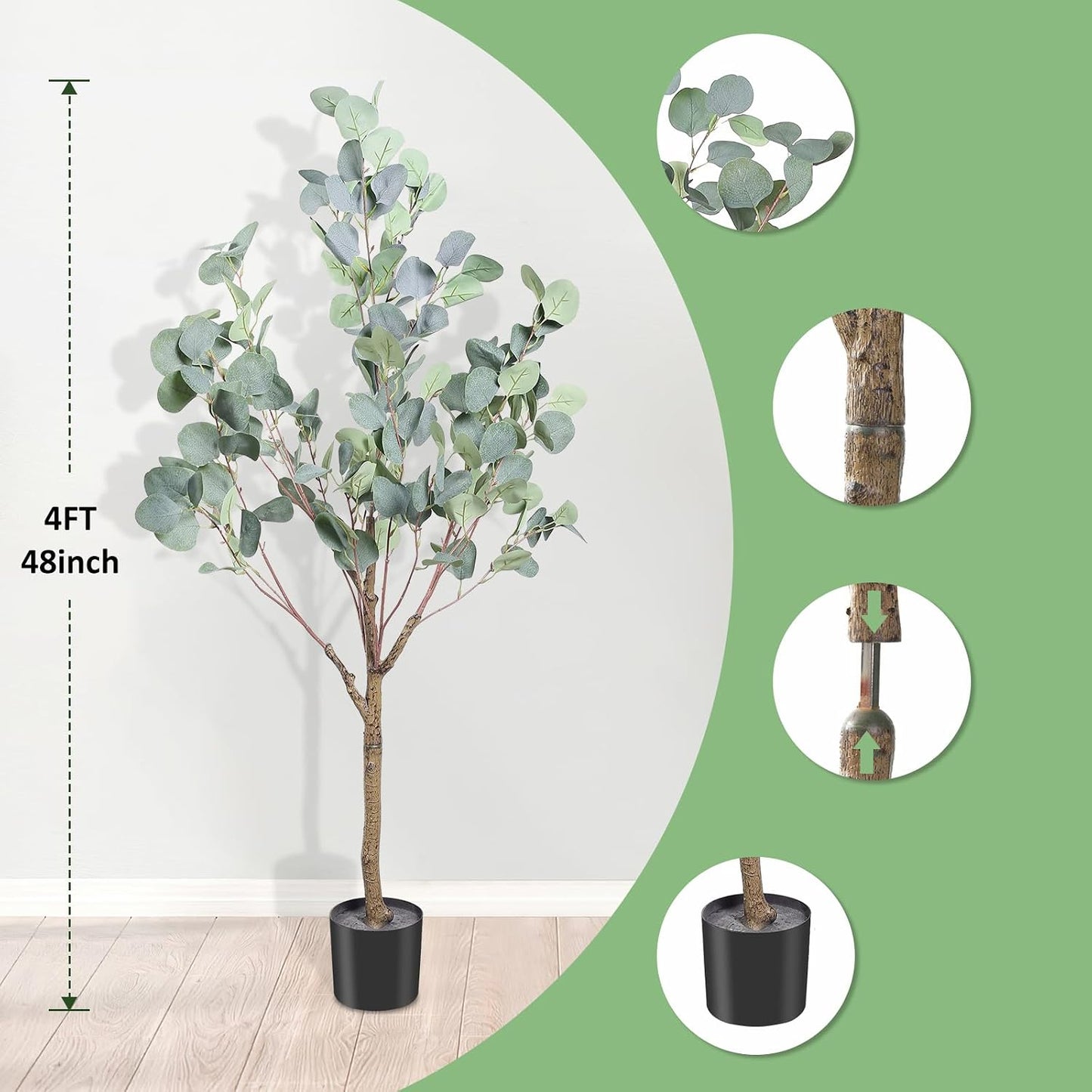 4FT Tall Faux Eucalyptus Tree, Artificial Plants with Realistic Trunk and Lifelike Leaves for Home Office Decor 4FT Fake Eucalyptus Tree for Home House Office Décor