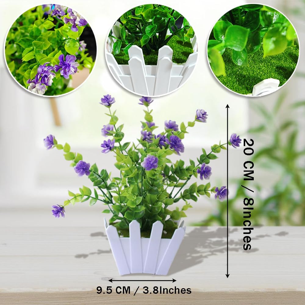 Artificial Faux Plants Flowers,Mini Plastic Potted Fake Flowers Plants,Fence Pot for Outside Home Planter Porch Patio Yard Office Desk Decor