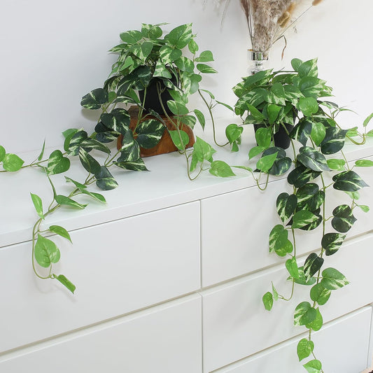 Fake Pothos Hanging Plants – 33" Set of 2 Faux Ivy Vines with Pots Realistic Silk Devil’s Ivy for Indoor Décor Low Maintenance Artificial House Plants for Home Bathroom or Office - Green