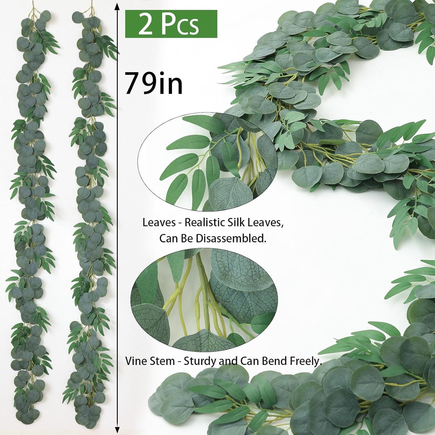 2 Strands Artificial Vines Ivy Garland 79" Fake Vine with Silk Green Leaves Faux Hanging Plants Greenery Decoration for Outdoors Party Wedding Indoor Mantle Bedroom Home Decor (Ivy)
