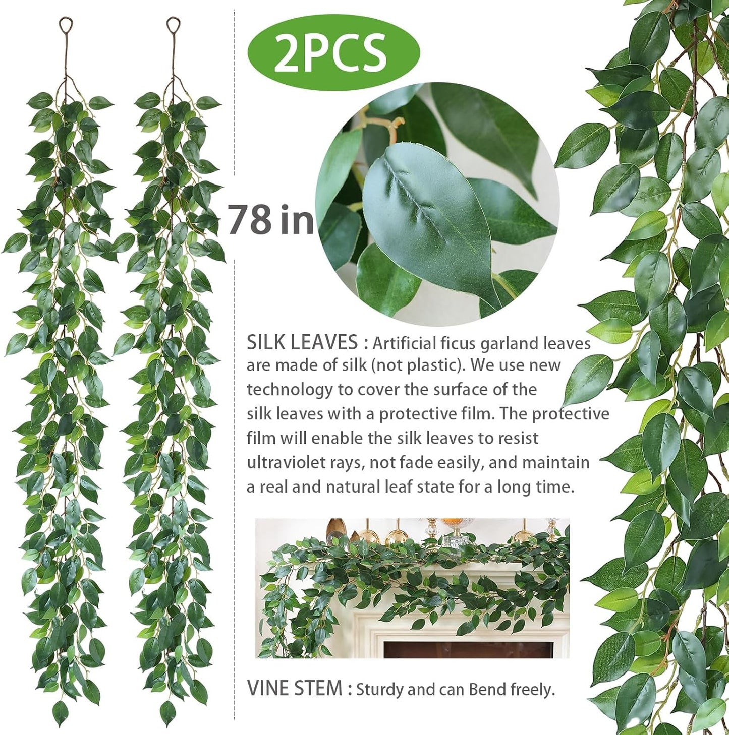 2 Strands Artificial Vines Ivy Garland 79" Fake Vine with Silk Green Leaves Faux Hanging Plants Greenery Decoration for Outdoors Party Wedding Indoor Mantle Bedroom Home Decor (Ivy)