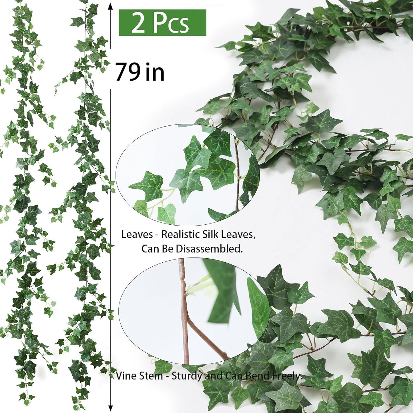 2 Strands Artificial Vines Ivy Garland 79" Fake Vine with Silk Green Leaves Faux Hanging Plants Greenery Decoration for Outdoors Party Wedding Indoor Mantle Bedroom Home Decor (Ivy)