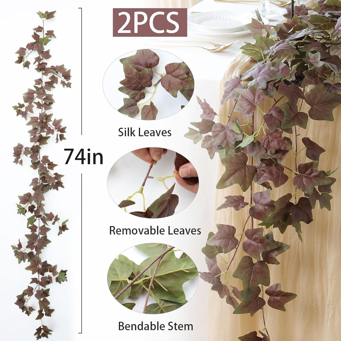 2 Strands Artificial Vines Ivy Garland 79" Fake Vine with Silk Green Leaves Faux Hanging Plants Greenery Decoration for Outdoors Party Wedding Indoor Mantle Bedroom Home Decor (Ivy)