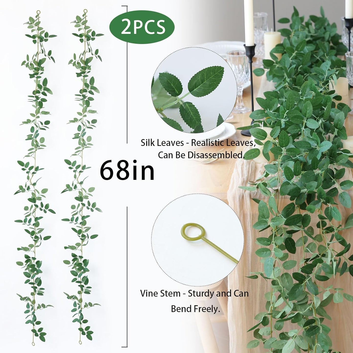 2 Strands Artificial Vines Ivy Garland 79" Fake Vine with Silk Green Leaves Faux Hanging Plants Greenery Decoration for Outdoors Party Wedding Indoor Mantle Bedroom Home Decor (Ivy)