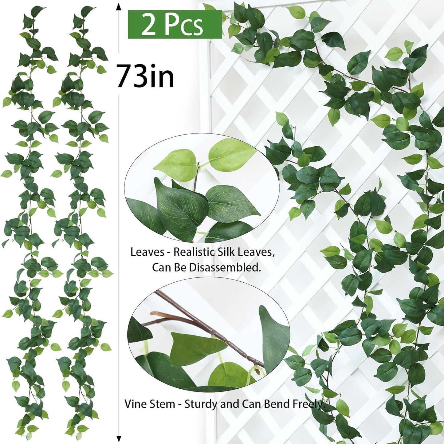 2 Strands Artificial Vines Ivy Garland 79" Fake Vine with Silk Green Leaves Faux Hanging Plants Greenery Decoration for Outdoors Party Wedding Indoor Mantle Bedroom Home Decor (Ivy)