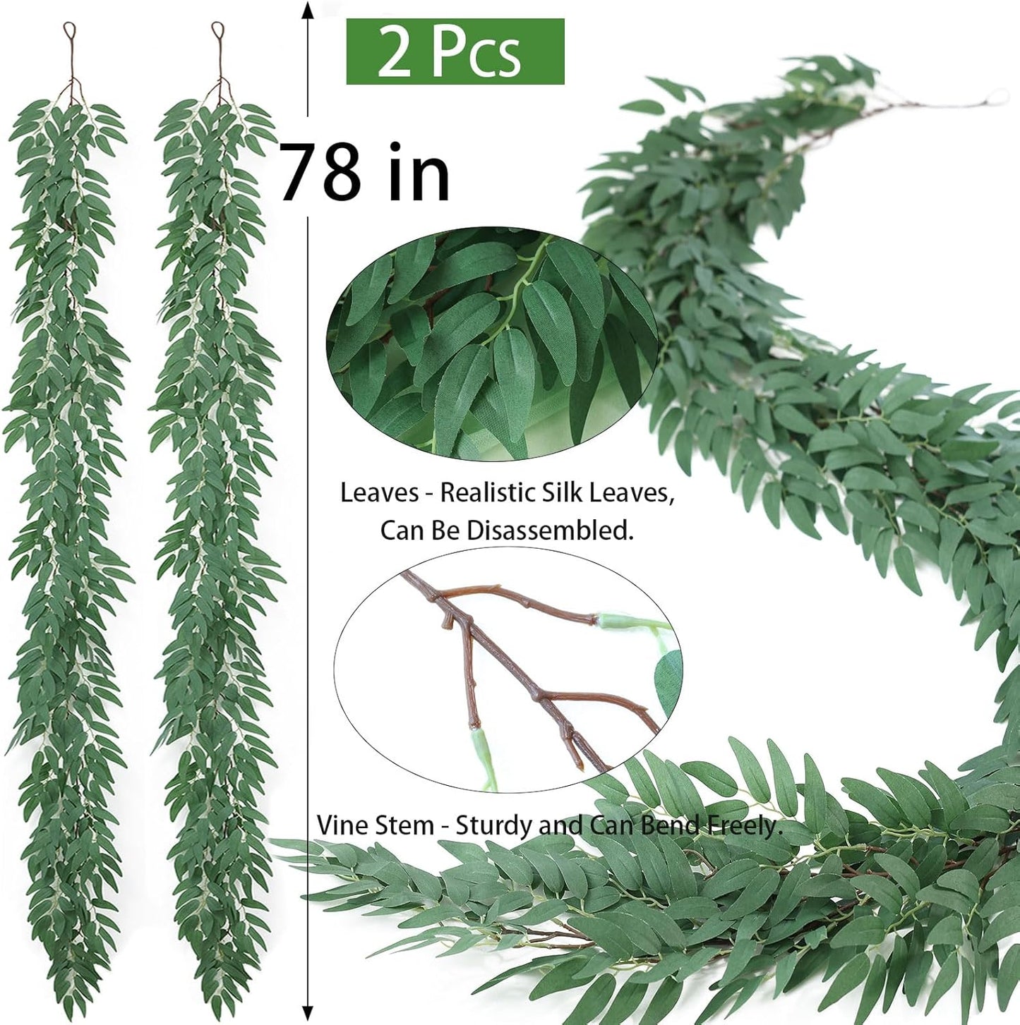 2 Strands Artificial Vines Ivy Garland 79" Fake Vine with Silk Green Leaves Faux Hanging Plants Greenery Decoration for Outdoors Party Wedding Indoor Mantle Bedroom Home Decor (Ivy)