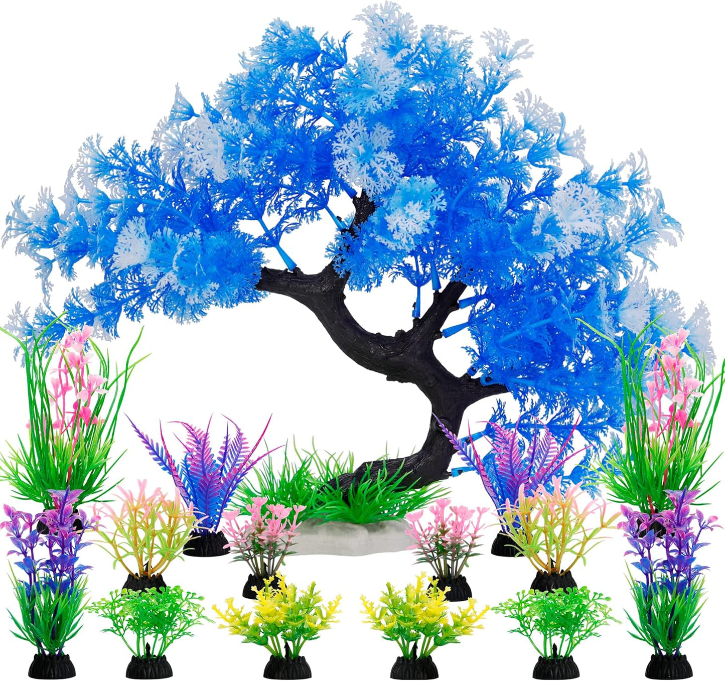 Fish Tank Decorations, 15 Pack Artificial Aquarium Plants Tree Set for Fish Tank Decor (Bule Set)