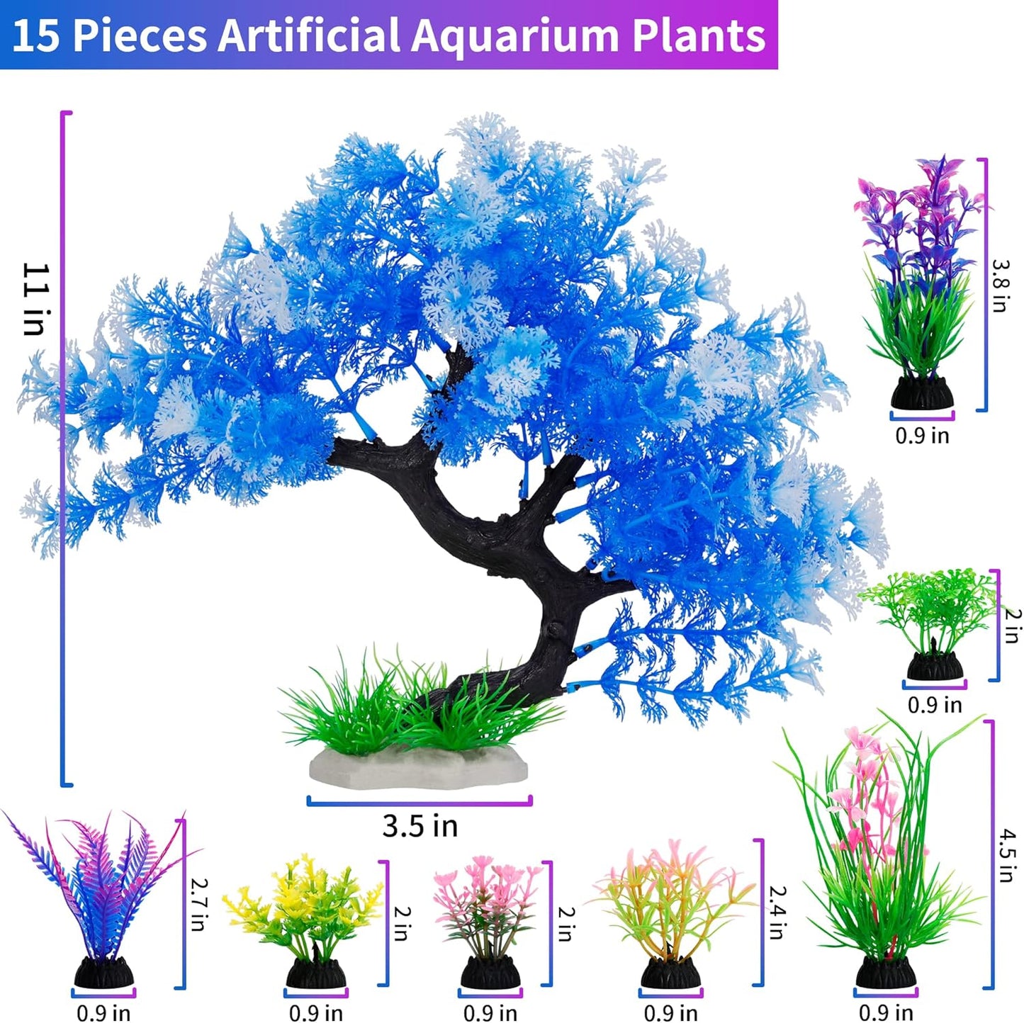 Fish Tank Decorations, 15 Pack Artificial Aquarium Plants Tree Set for Fish Tank Decor (Bule Set)