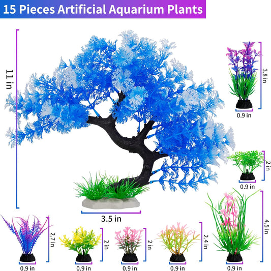 Fish Tank Decorations, 15 Pack Artificial Aquarium Plants Tree Set for Fish Tank Decor (Bule Set)