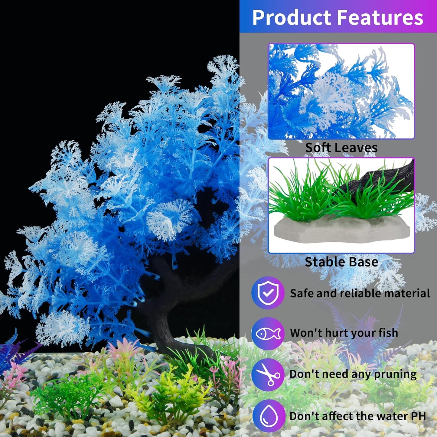 Fish Tank Decorations, 15 Pack Artificial Aquarium Plants Tree Set for Fish Tank Decor (Bule Set)