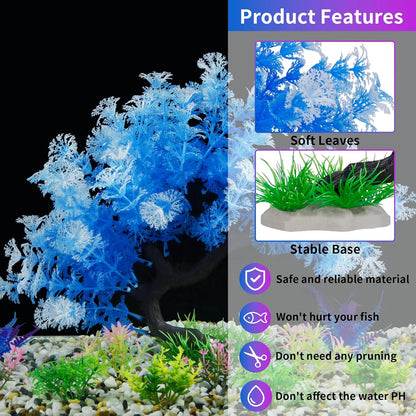 Fish Tank Decorations, 15 Pack Artificial Aquarium Plants Tree Set for Fish Tank Decor (Bule Set)