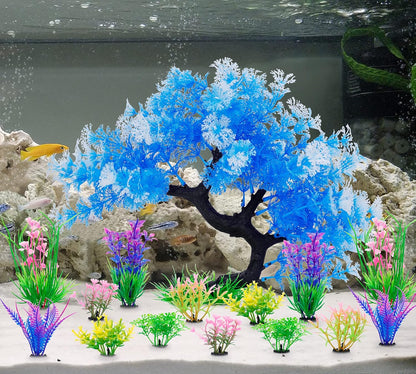 Fish Tank Decorations, 15 Pack Artificial Aquarium Plants Tree Set for Fish Tank Decor (Bule Set)