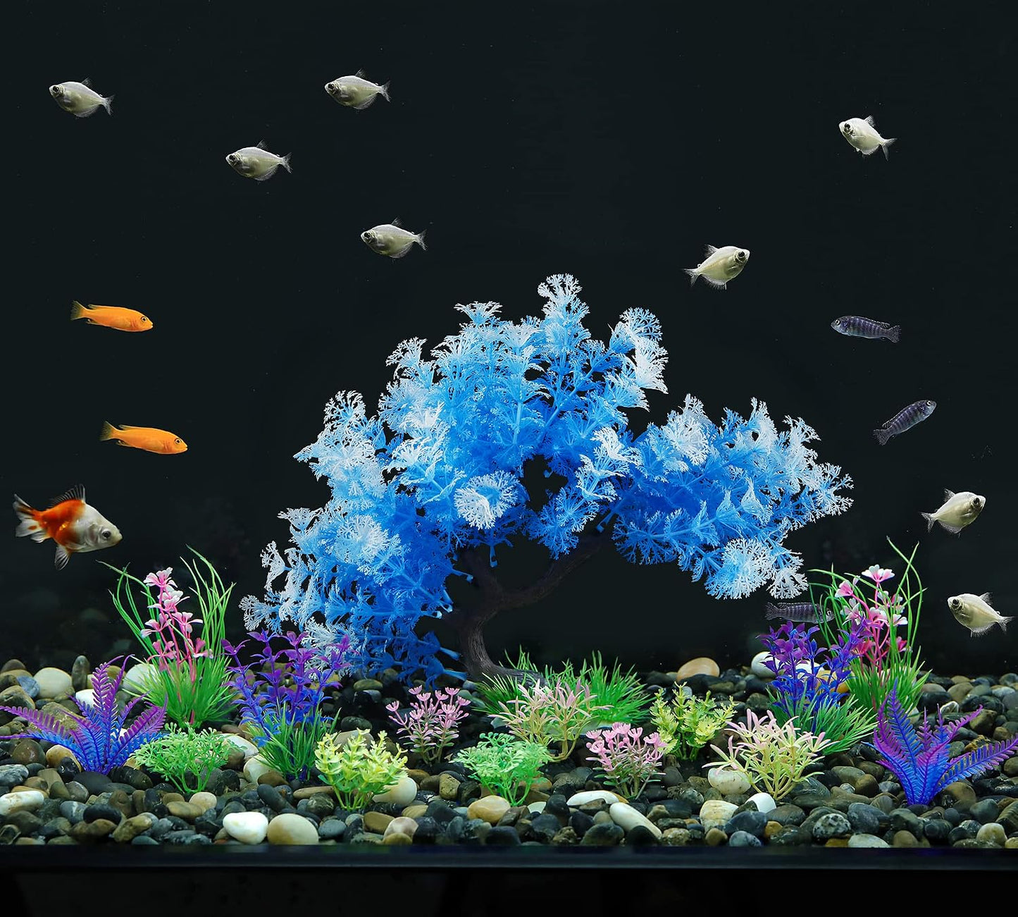 Fish Tank Decorations, 15 Pack Artificial Aquarium Plants Tree Set for Fish Tank Decor (Bule Set)