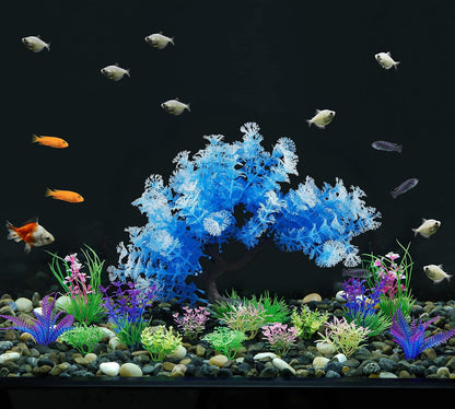 Fish Tank Decorations, 15 Pack Artificial Aquarium Plants Tree Set for Fish Tank Decor (Bule Set)