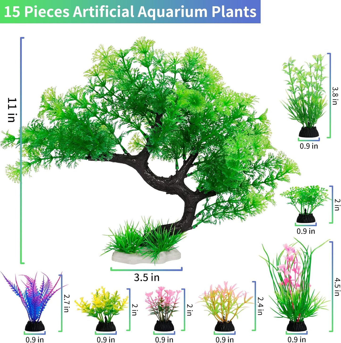 Fish Tank Decorations, 15 Pack Artificial Aquarium Plants Tree Set for Fish Tank Decor (Bule Set)