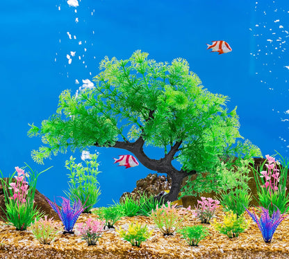 Fish Tank Decorations, 15 Pack Artificial Aquarium Plants Tree Set for Fish Tank Decor (Bule Set)