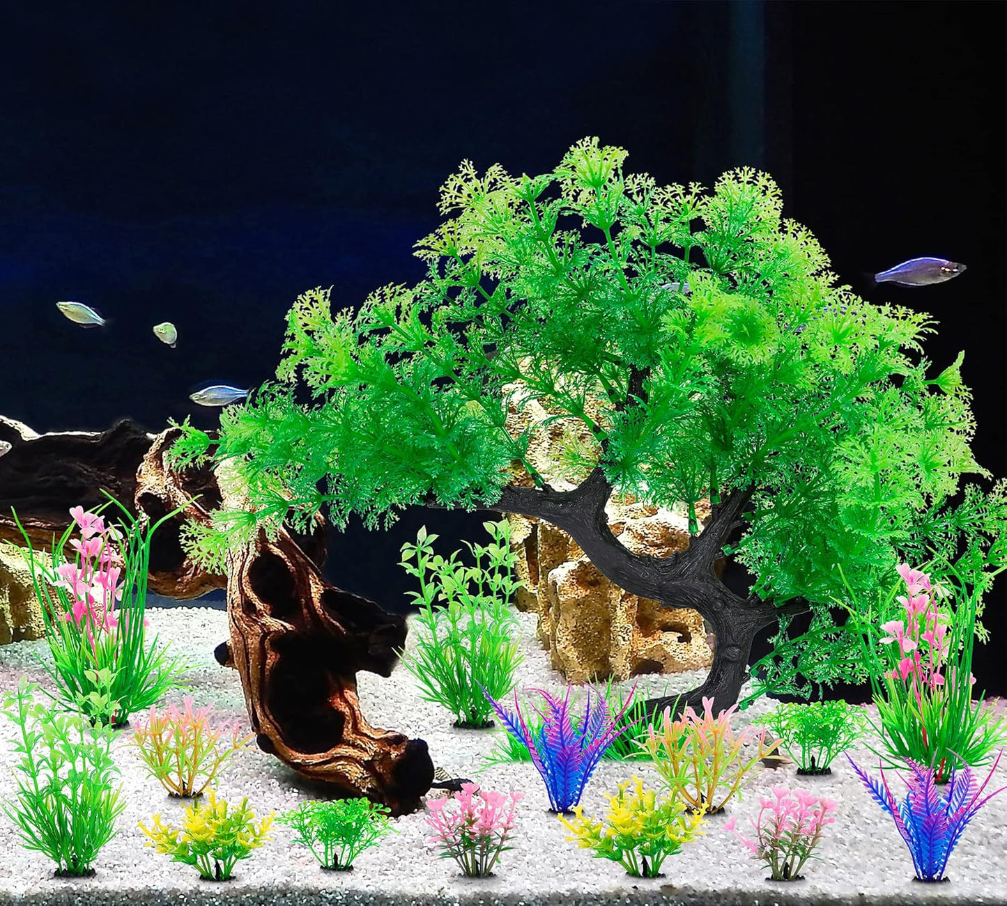 Fish Tank Decorations, 15 Pack Artificial Aquarium Plants Tree Set for Fish Tank Decor (Bule Set)