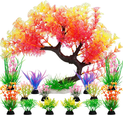Fish Tank Decorations, 15 Pack Artificial Aquarium Plants Tree Set for Fish Tank Decor (Bule Set)