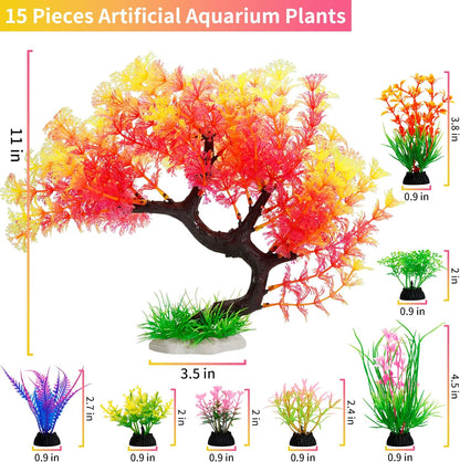 Fish Tank Decorations, 15 Pack Artificial Aquarium Plants Tree Set for Fish Tank Decor (Bule Set)