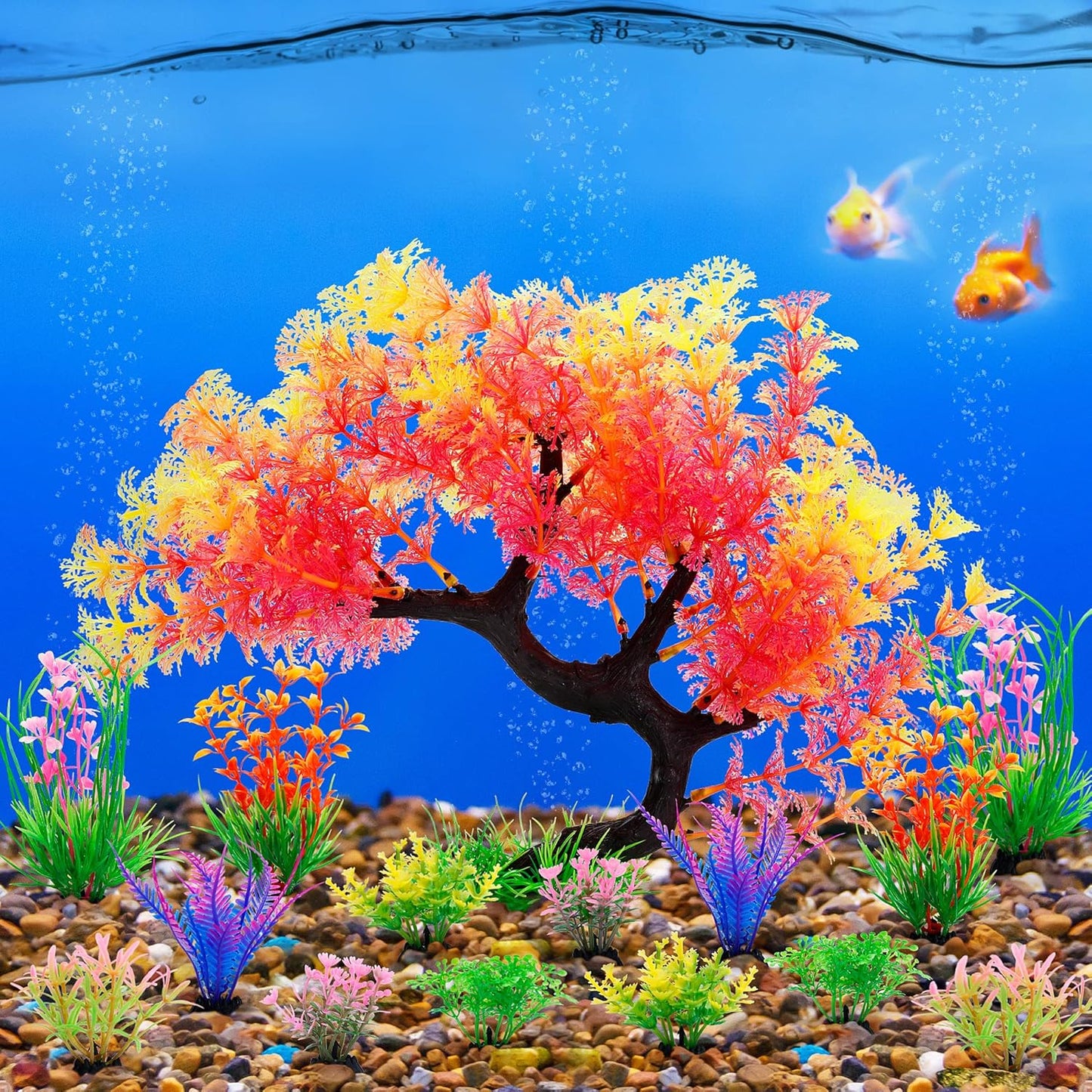 Fish Tank Decorations, 15 Pack Artificial Aquarium Plants Tree Set for Fish Tank Decor (Bule Set)