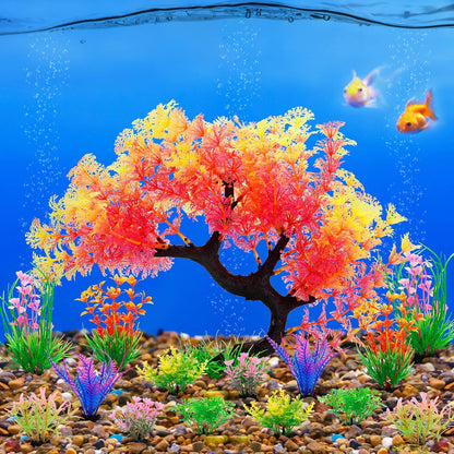 Fish Tank Decorations, 15 Pack Artificial Aquarium Plants Tree Set for Fish Tank Decor (Bule Set)