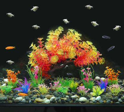 Fish Tank Decorations, 15 Pack Artificial Aquarium Plants Tree Set for Fish Tank Decor (Bule Set)