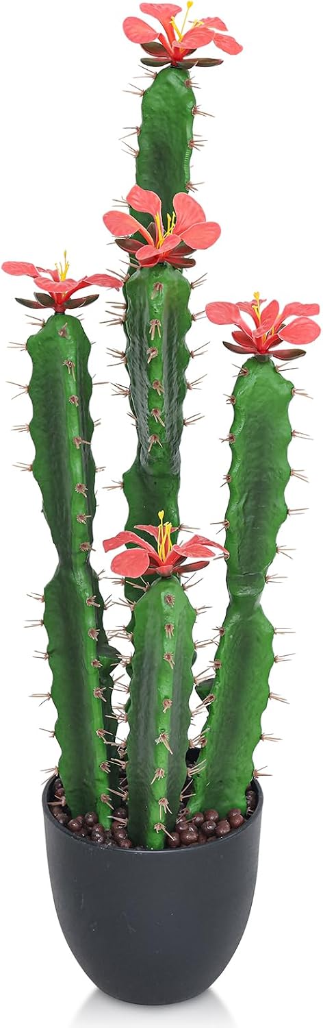 30inch Fake Cactus with Red Flowers, Faux Desert Cacti Fake Cactus Plant, Lagre Artificial Succulents Plants for Indoor and Outdoor Home Office Decor