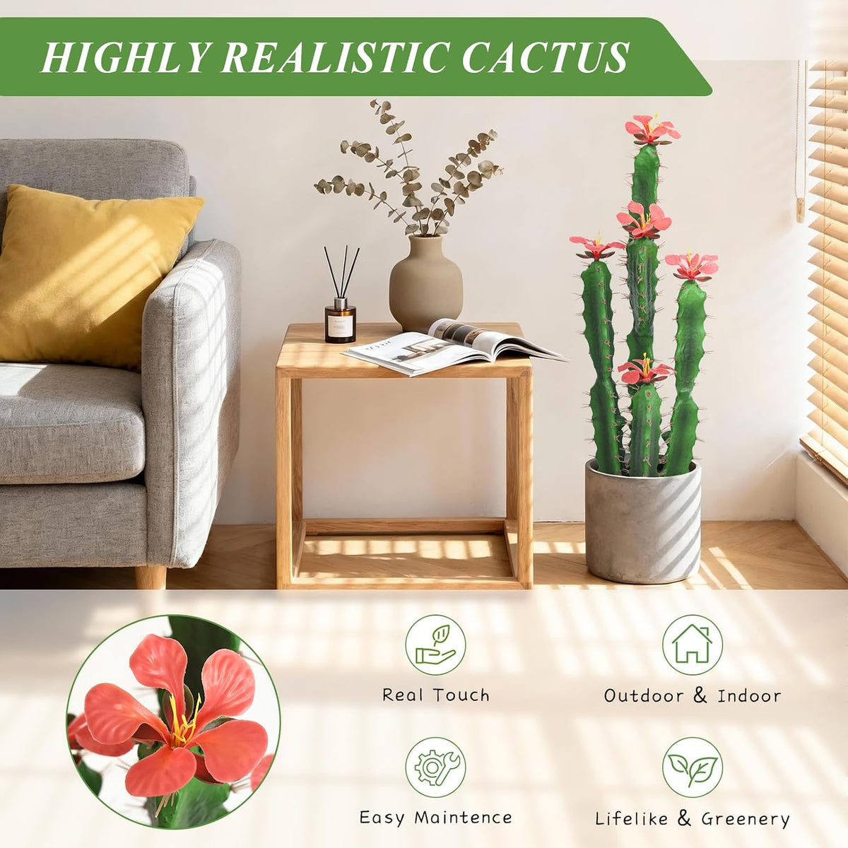 30inch Fake Cactus with Red Flowers, Faux Desert Cacti Fake Cactus Plant, Lagre Artificial Succulents Plants for Indoor and Outdoor Home Office Decor