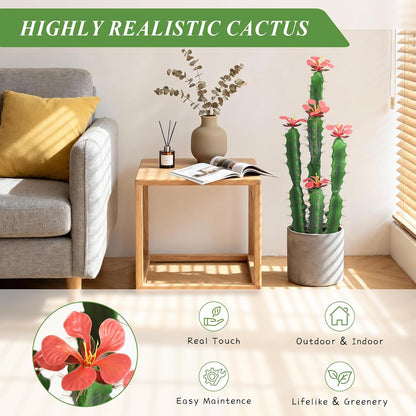 30inch Fake Cactus with Red Flowers, Faux Desert Cacti Fake Cactus Plant, Lagre Artificial Succulents Plants for Indoor and Outdoor Home Office Decor